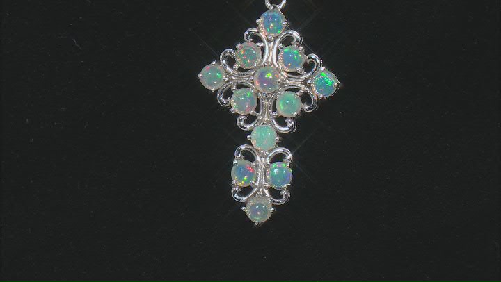 Multicolor Ethiopian Opal Rhodium Over Sterling Silver Cross Pendant With Chain 1.70ctw Video Thumbnail