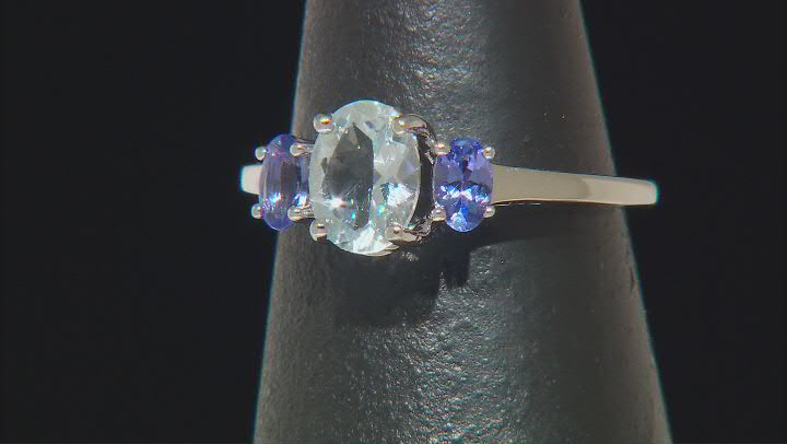 Blue Aquamarine Rhodium Over Sterling Silver 3-Stone Ring 1.24ctw Video Thumbnail