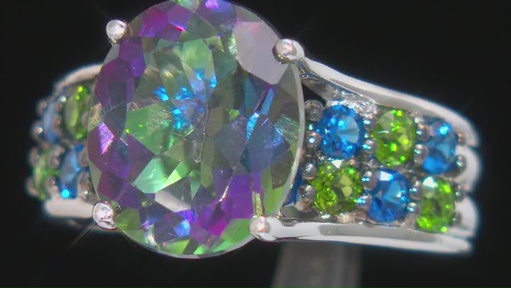 Mystic Fire® Green Topaz Rhodium Over Sterling Silver Ring 6.10ctw Video Thumbnail