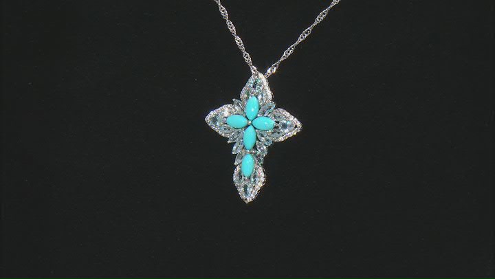 Blue Sleeping Beauty Turquoise Rhodium Over Silver Cross Pendant with Chain 2.37ctw Video Thumbnail