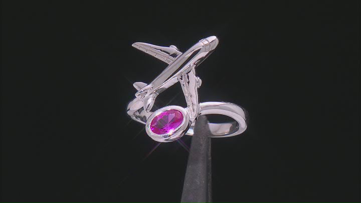 Pink Lab Created Sapphire Rhodium Over Sterling Silver Airplane Ring 0.49ctw Video Thumbnail