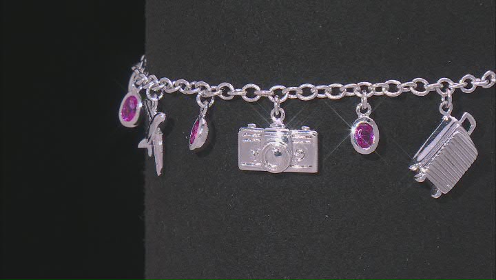 Pink Lab Created Sapphire Rhodium Over Brass Travel Charm Bracelet Video Thumbnail