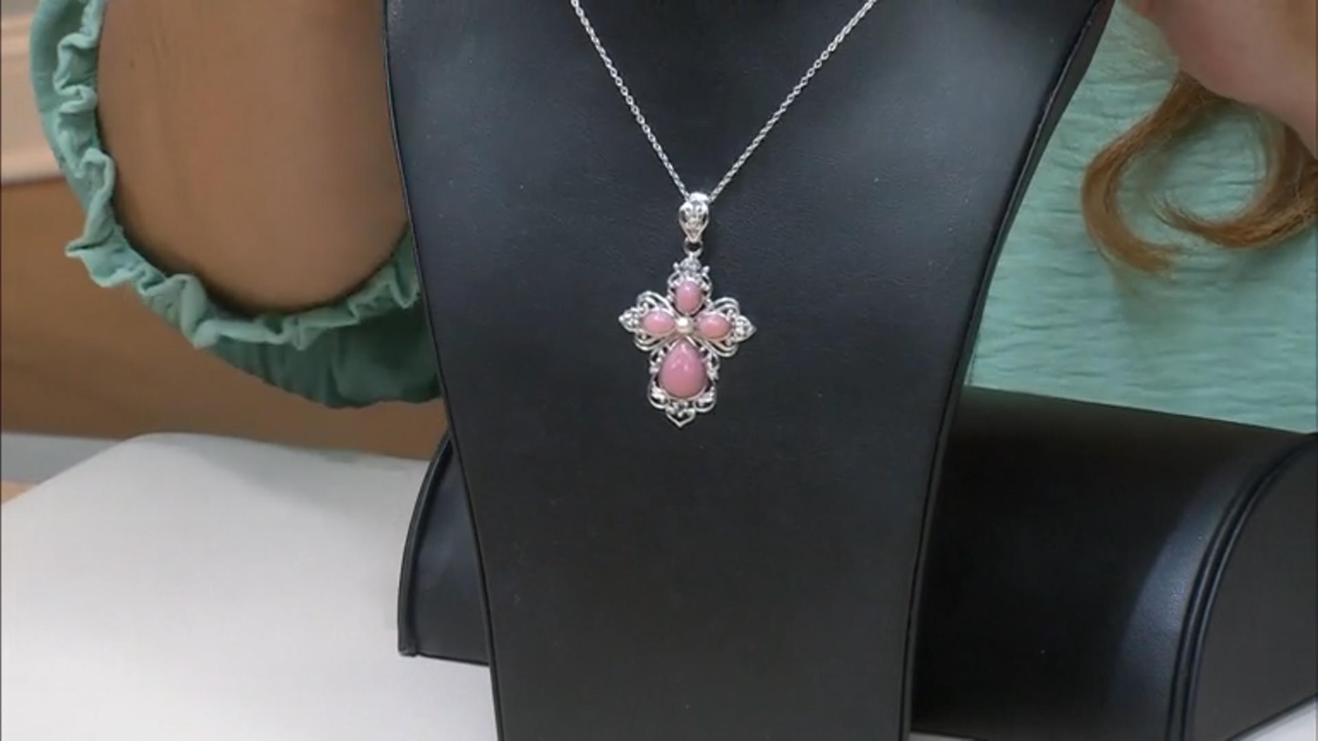 Pink Opal Rhodium Over Silver Cross Enhancer With Chain Video Thumbnail