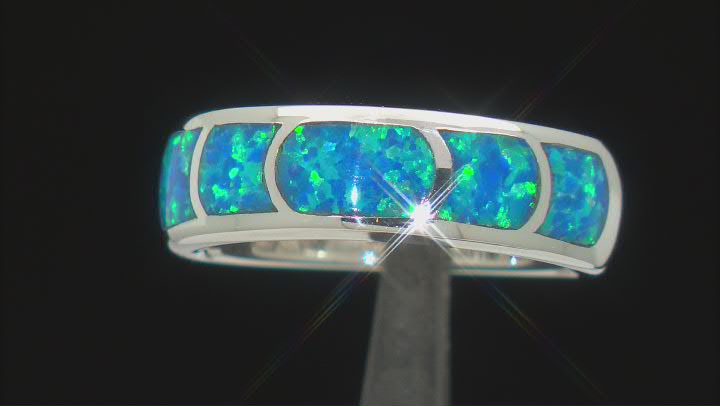 Blue Lab Created Opal Sterling Silver Band Ring Video Thumbnail