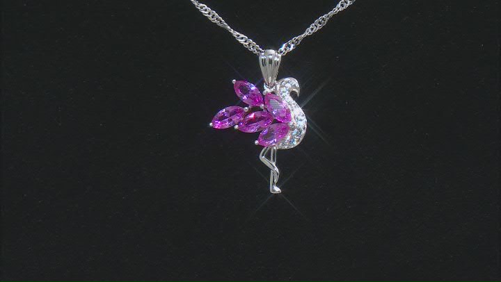Pink Lab Created Sapphire Rhodium Over Silver Flamingo Pendant with Chain 1.02ctw Video Thumbnail