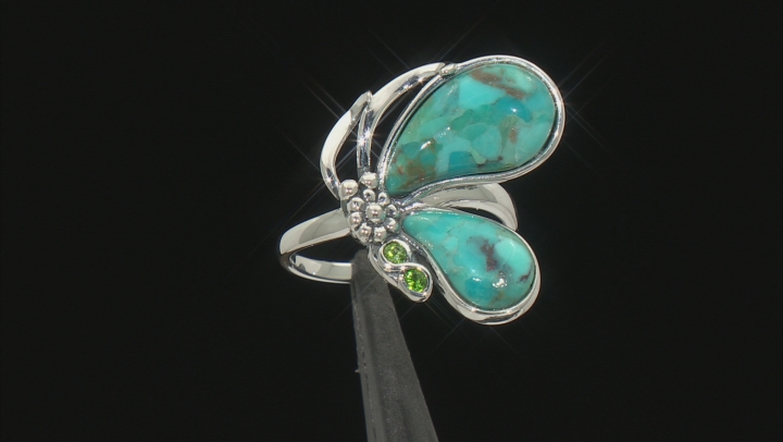 Blue Turquoise Rhodium Over Silver Butterfly Ring 0.03ctw Video Thumbnail