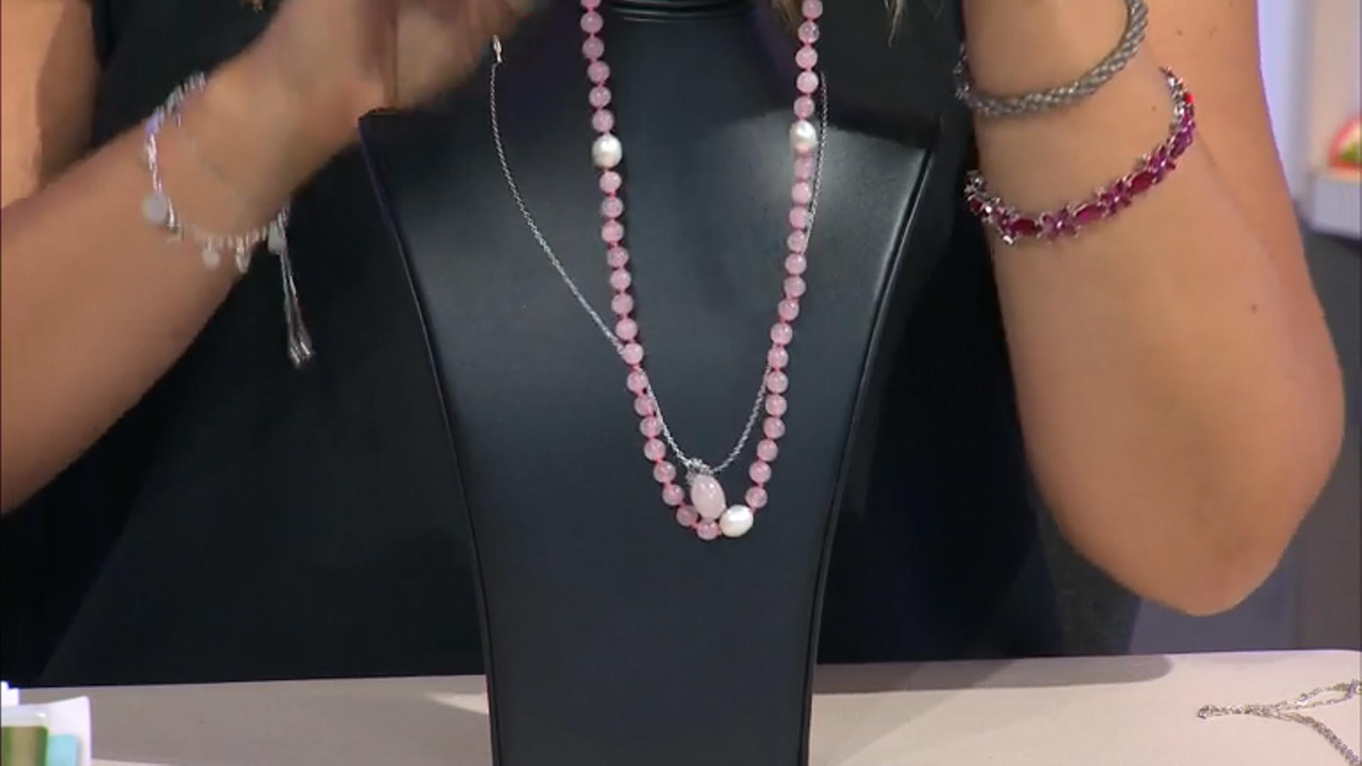 Pink Rose Quartz Rhodium Over Sterling Silver Necklace Video Thumbnail