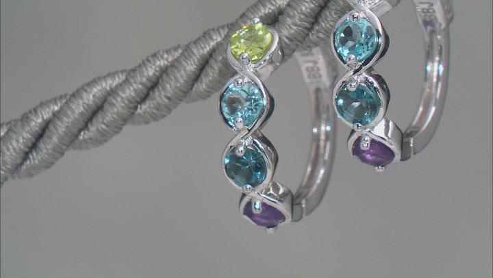 Multicolor Multi-Gem Rhodium Over Sterling Silver Hoop Earrings 1.89ctw Video Thumbnail