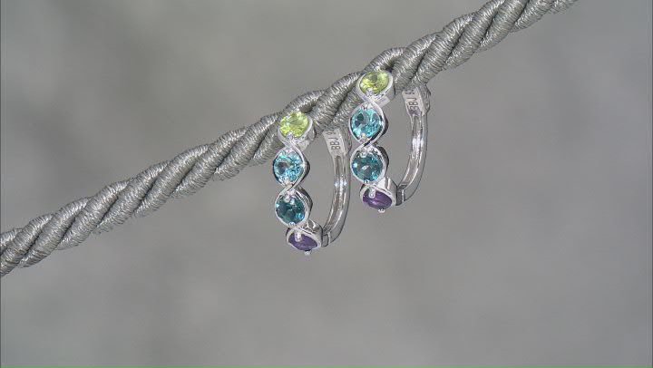 Multicolor Multi-Gem Rhodium Over Sterling Silver Hoop Earrings 1.89ctw Video Thumbnail