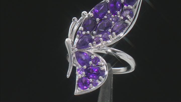 Purple African Amethyst Rhodium Over Sterling Silver Butterfly Ring 3.36ctw Video Thumbnail