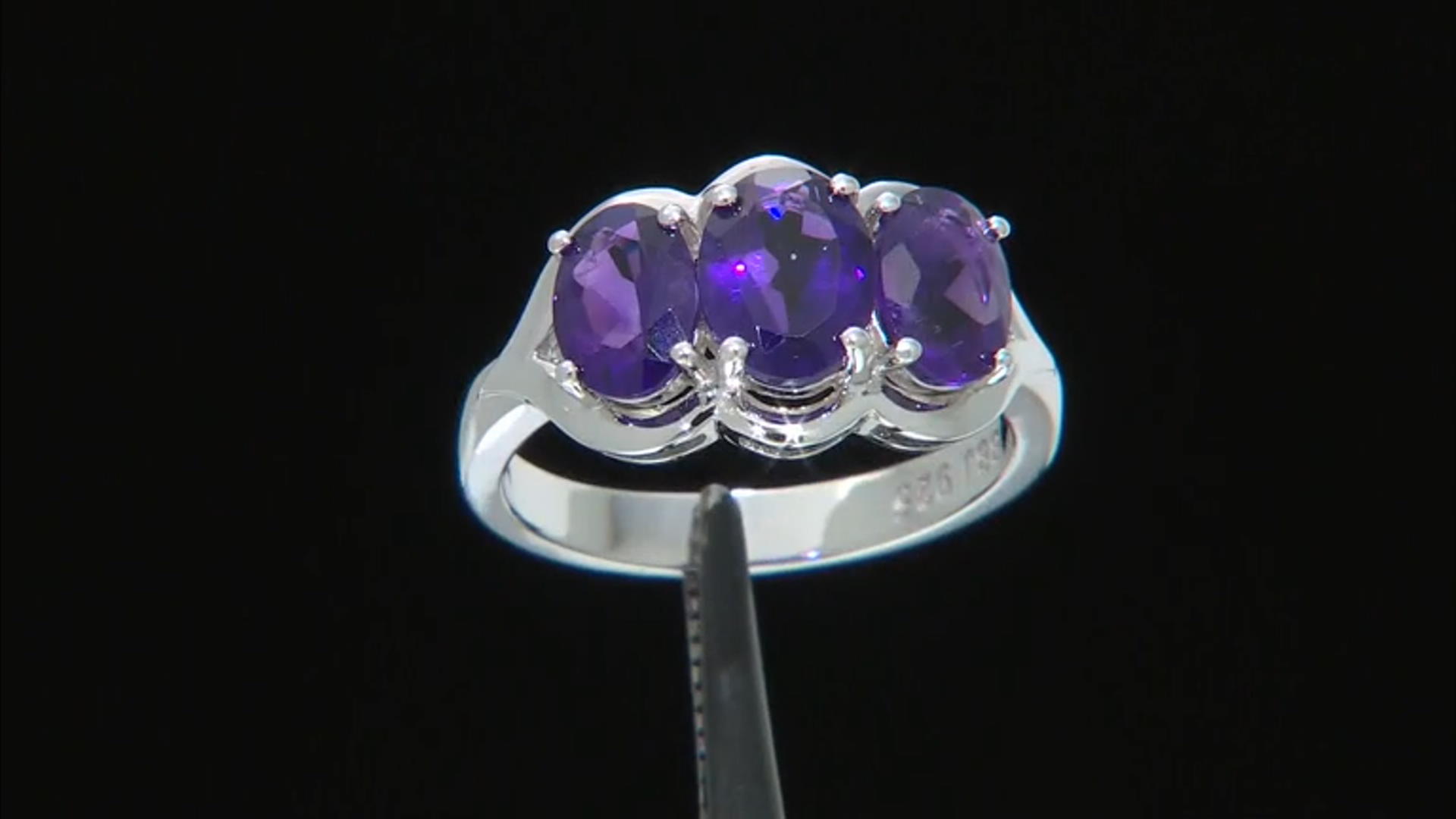 Oval African amethyst rhodium over sterling silver 3-stone ring Video Thumbnail