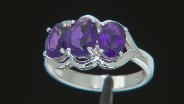 Oval African amethyst rhodium over sterling silver 3-stone ring Video Thumbnail
