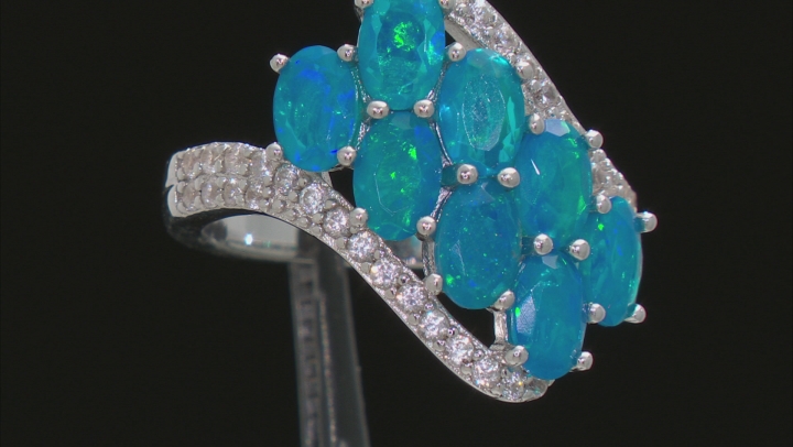 Oval Paraiba Blue Color Opal With Round White Zircon Rhodium Over Sterling Silver Ring 2.78ctw Video Thumbnail