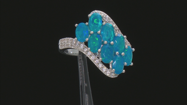 Oval Paraiba Blue Color Opal With Round White Zircon Rhodium Over Sterling Silver Ring 2.78ctw