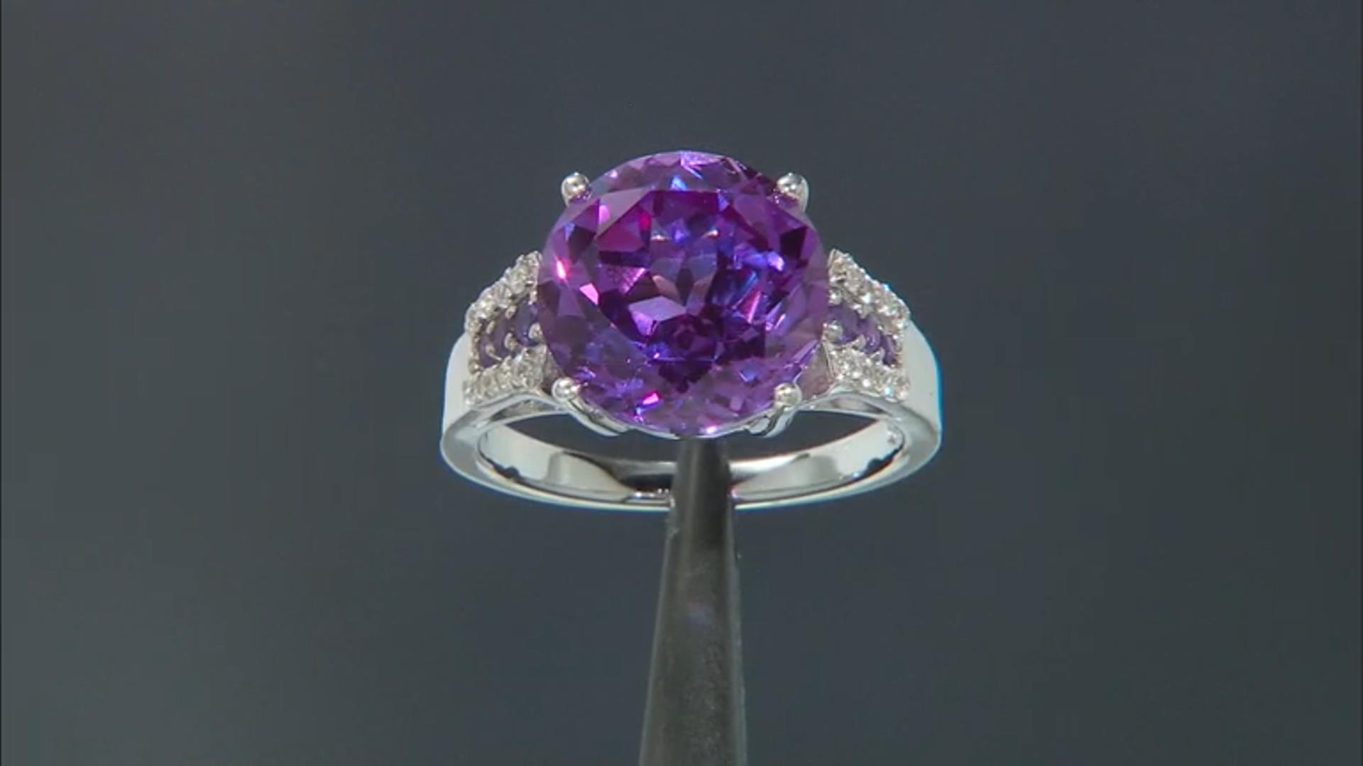 Purple Lab Created Color Change Sapphire, Amethyst & Zircon Rhodium Ring. 7.41ctw Video Thumbnail