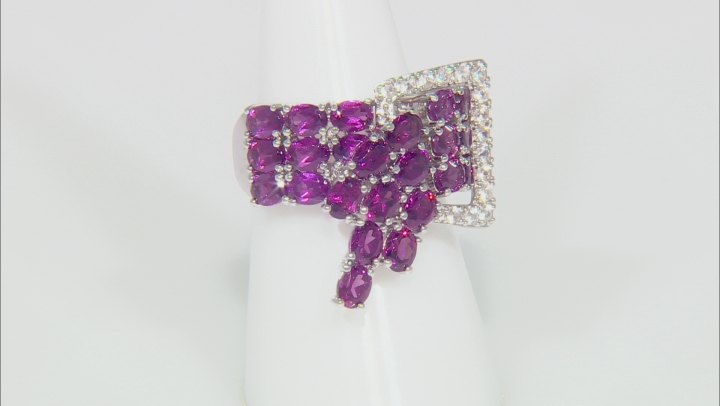 Raspberry Oval Rhodolite With Round White Zircon Rhodium Over Sterling Silver Ring 5.81ctw Video Thumbnail