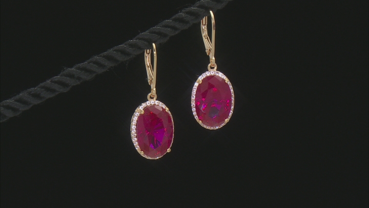 Lab Created Ruby With Round White Topaz 18K Gold Over Silver Dangle Earrings 13.02ctw Video Thumbnail