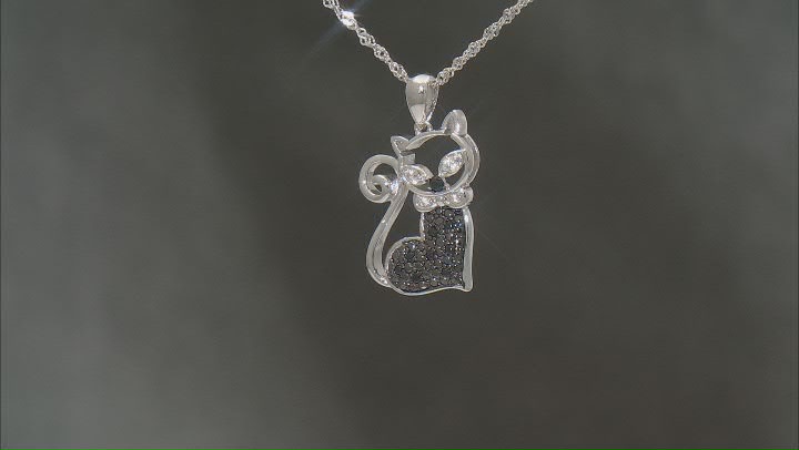 Black Spinel Rhodium Over Silver Cat Pendant With Chain 0.22ctw Video Thumbnail