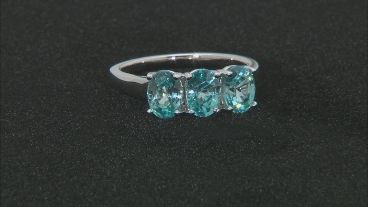 Blue Zircon Rhodium Over Sterling Silver 3-stone Ring 3.80ctw