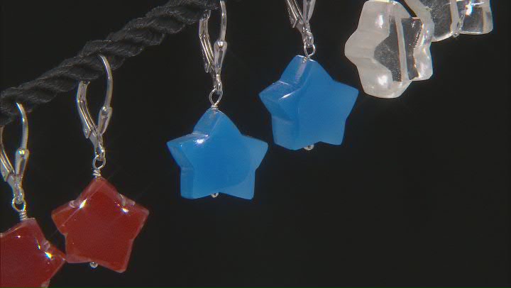 Red Onyx, Blue Onyx & White Crystal Quartz Rhodium Over Silver Set of 3 Star Earrings