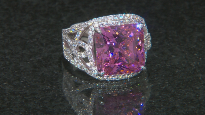 Pink And White Cubic Zirconia Rhodium Over Sterling Silver Ring 17.04ctw Video Thumbnail