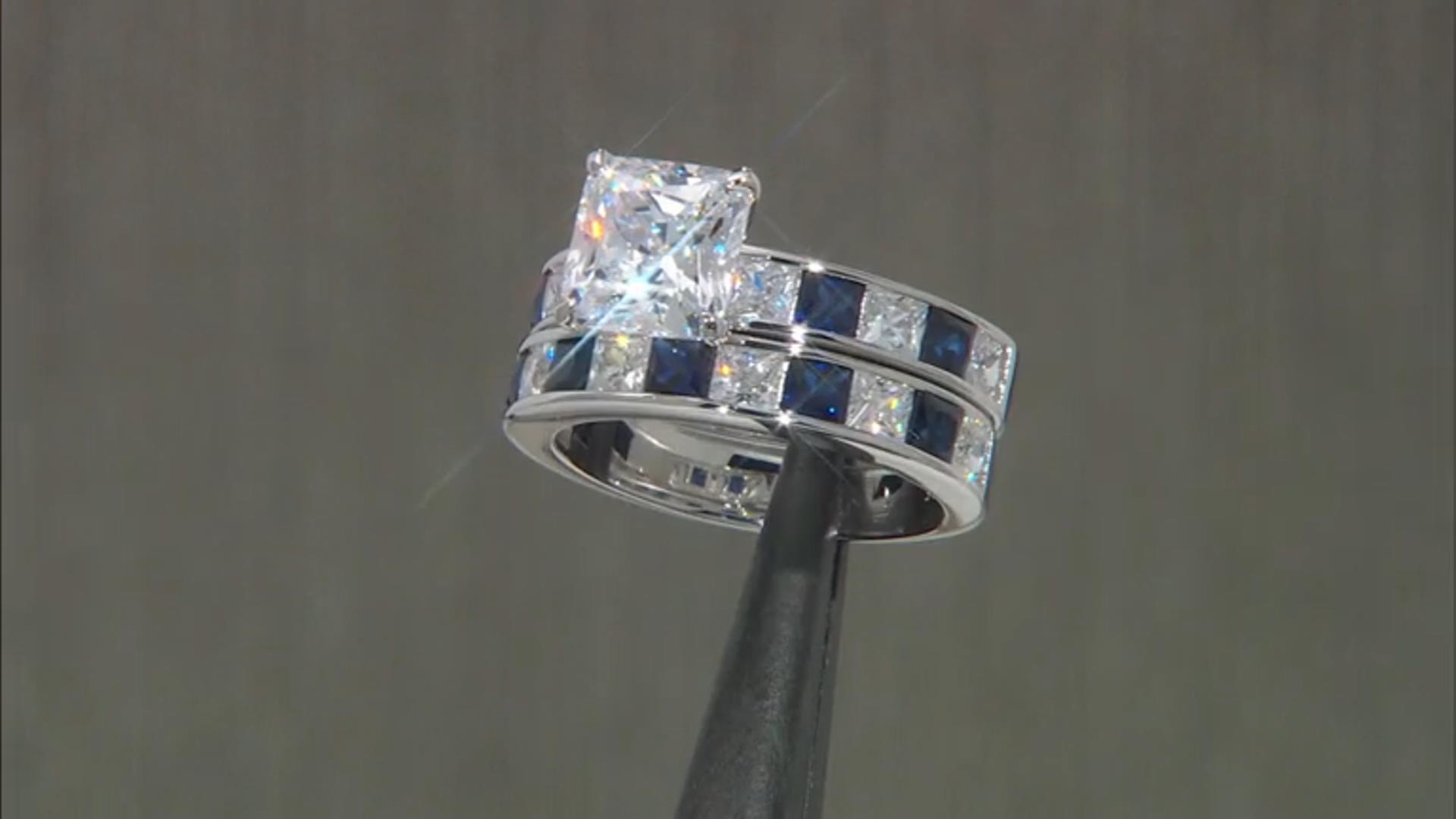 Blue Lab Sapphire & White Cubic Zirconia Scintillant Cut Rhodium Over Silver Ring With Band 6.88ctw Video Thumbnail