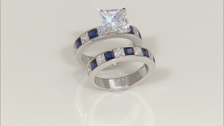 Blue Lab Sapphire & White Cubic Zirconia Scintillant Cut Rhodium Over Silver Ring With Band 6.88ctw Video Thumbnail