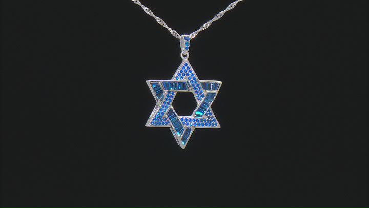 Lab Created Blue Spinel Rhodium Over Sterling Silver Star Of David Pendant With Chain 4.48ctw