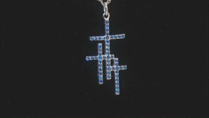 Blue Cubic Zirconia Rhodium Over Silver Triple Cross Pendant With Chain