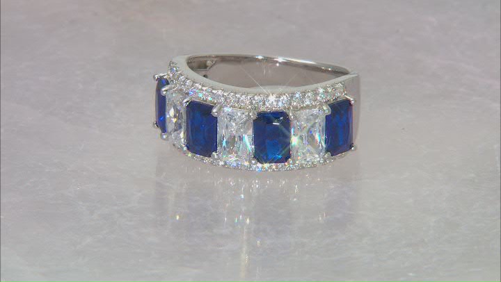 Blue Lab Created Spinel and White Cubic Zirconia Rhodium Over Silver Ring