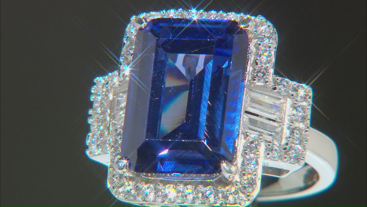 Blue and White Cubic Zirconia Rhodium Over Silver Ring 13.34ctw Video Thumbnail