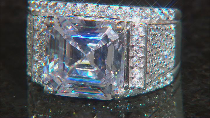 White Cubic Zirconia Rhodium Over Sterling Silver Asscher Cut Holiday Ring 15.14ctw Video Thumbnail