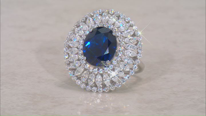 Lab Created Blue Spinel And White Cubic Zirconia Rhodium Over Sterling Silver Ring 9.52ctw Video Thumbnail
