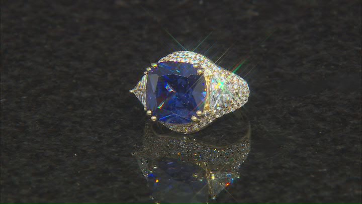 Blue and White Cubic Zirconia 18k Yellow Gold Over Sterling Silver Ring 12.79ctw Video Thumbnail