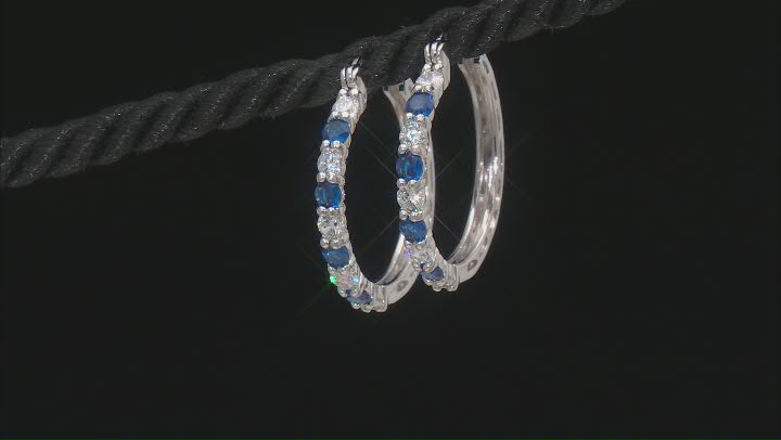Blue Lab Created Spinel and White Cubic Zirconia Rhodium Over Silver Hoops 2.70ctw Video Thumbnail