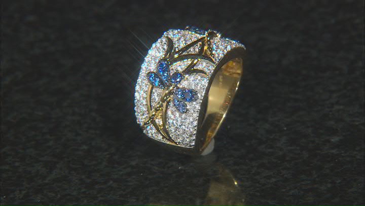 Blue And White Cubic Zirconia 18k Yellow Gold Over Sterling Silver Dragonfly Ring 2.36ctw Video Thumbnail