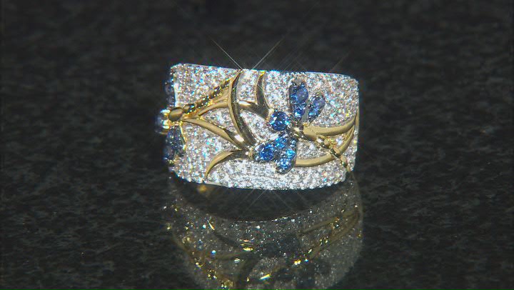 Blue And White Cubic Zirconia 18k Yellow Gold Over Sterling Silver Dragonfly Ring 2.36ctw Video Thumbnail