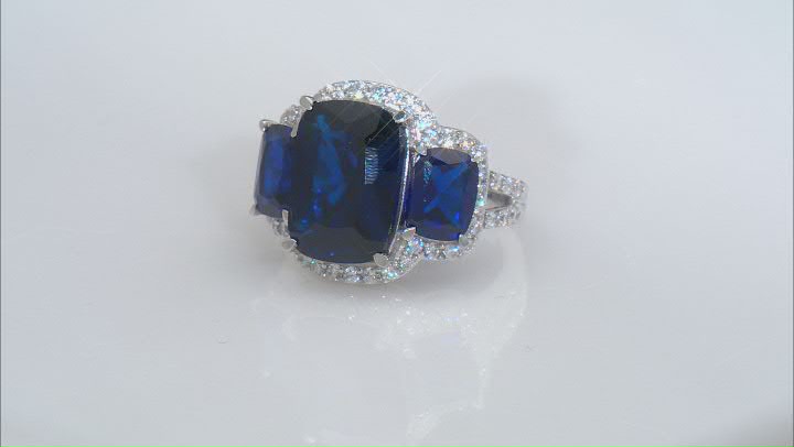 Blue Lab Created Spinel And White Cubic Zirconia Rhodium Over Silver Ring 15.67ctw Video Thumbnail