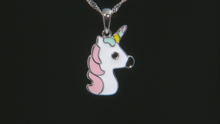 Black Spinel & Multi-Color Enamel & Rhodium Over Silver Childrens Unicorn Pendant With Chain .02ct Video Thumbnail