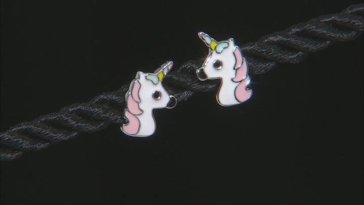 Black Spinel & Multi-Color Enamel Rhodium Over Silver Childrens Unicorn Earrings .03ctw Video Thumbnail