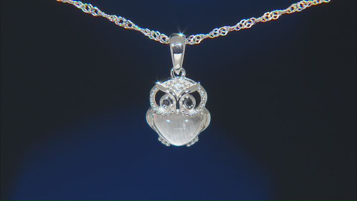 Pink Rose Quartz Rhodium Over Silver Owl Childrens Pendant With Chain 0.03ctw Video Thumbnail