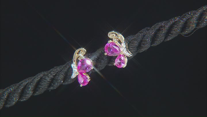 Pink Lab Created Sapphire 10k Yellow Gold Butterfly Children's Earrings 0.92ctw Video Thumbnail
