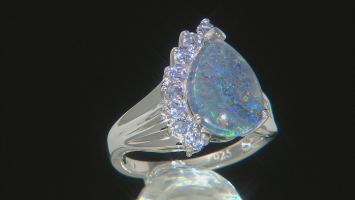 Opal Australian Triplet With Tanzanite Rhodium Over Sterling Silver Ring .53ctw