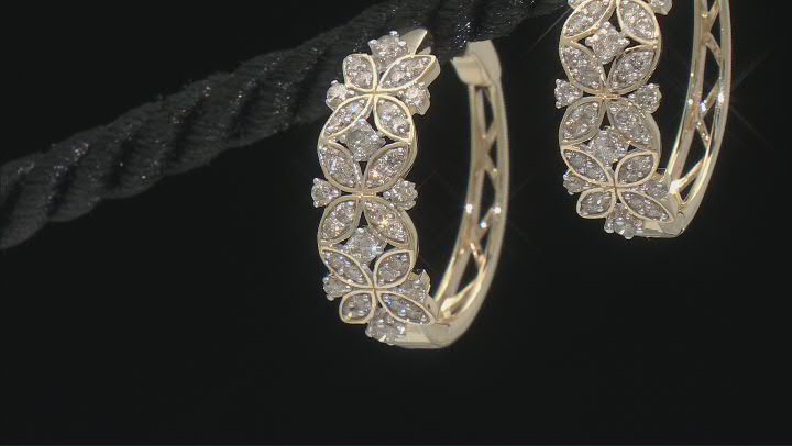 Diamond 10k Yellow Gold Flower Hoop Earrings 1.00ctw Video Thumbnail