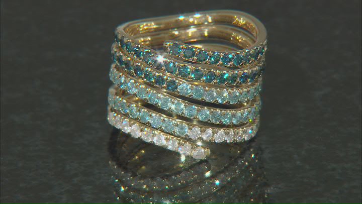 Shades Of Blue And White Diamond 10k Yellow Gold Wide Band Coil Ring 1.50ctw Video Thumbnail