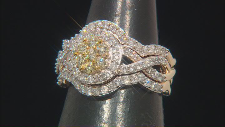Natural Yellow And White Diamond 10k Yellow Gold Halo Ring With 2 Matching Bands 1.25ctw Video Thumbnail