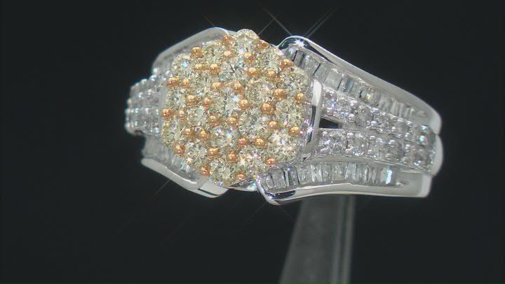 Natural Yellow And White Diamond 10k White Gold Cluster Ring 1.60ctw Video Thumbnail