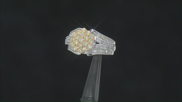 Natural Yellow And White Diamond 10k White Gold Cluster Ring 1.60ctw Video Thumbnail