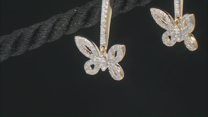 White Diamond 10k Yellow Gold Butterfly Dangle Earrings 0.50ctw Video Thumbnail