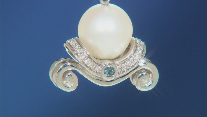 Enchanted Disney Cinderella Pendant Cultured Freshwater Pearl/Diamond/Blue Topaz Rhodium Over Silver
